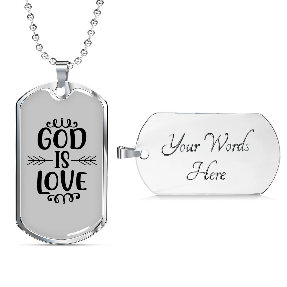 God Is Love Personalized Engraved Silver Dog Tag Necklace Custom Name Date Gift